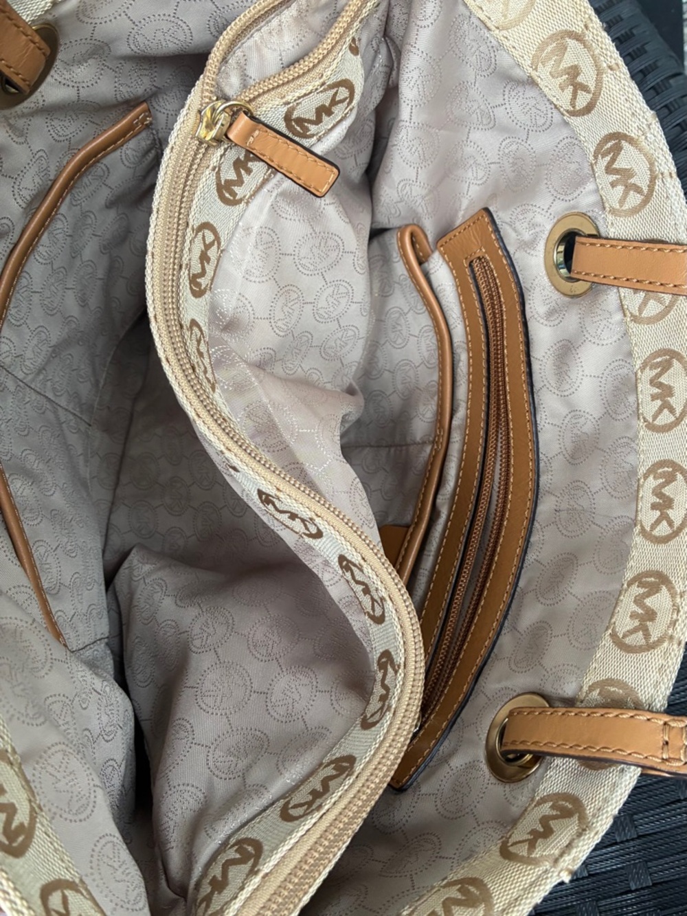 Michael Kors Tan Beige MK Logo Canvas Tote with Leather Straps - Picture 16 of 16